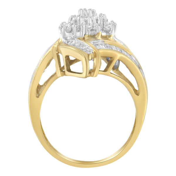 10K Yellow Gold Round and Baguette-Cut Diamond Bypass Cluster Ring (1.0 Cttw, I-J Color, I1-I2 Clarity)