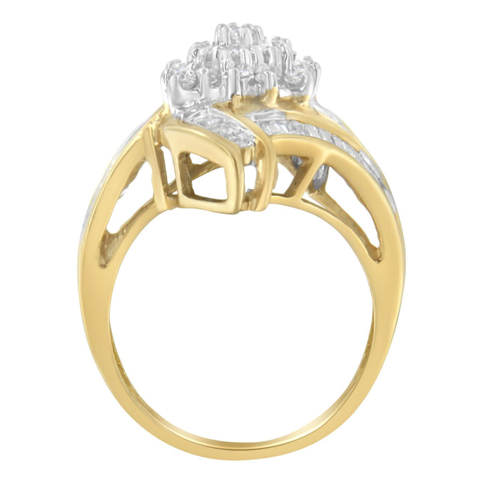 10K Yellow Gold Round and Baguette-Cut Diamond Bypass Cluster Ring (1.0 Cttw, I-J Color, I1-I2 Clarity)