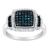 Black Rhodium Plated .925 Sterling Silver 1/2 Cttw White & Blue Diamond Square Halo Cocktail Ring (Fancy Blue & H-I Color, I2-I3 Clarity)-1 thumbnail 2