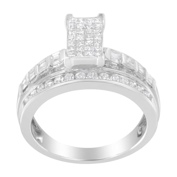 14K White Gold 1.0 Cttw Mixed-Cut Diamond Rectangle Invisible-Set Composite Cluster Ring with Bar- and Channel-Set Band (H-I Color, SI2-I1 Clarity)