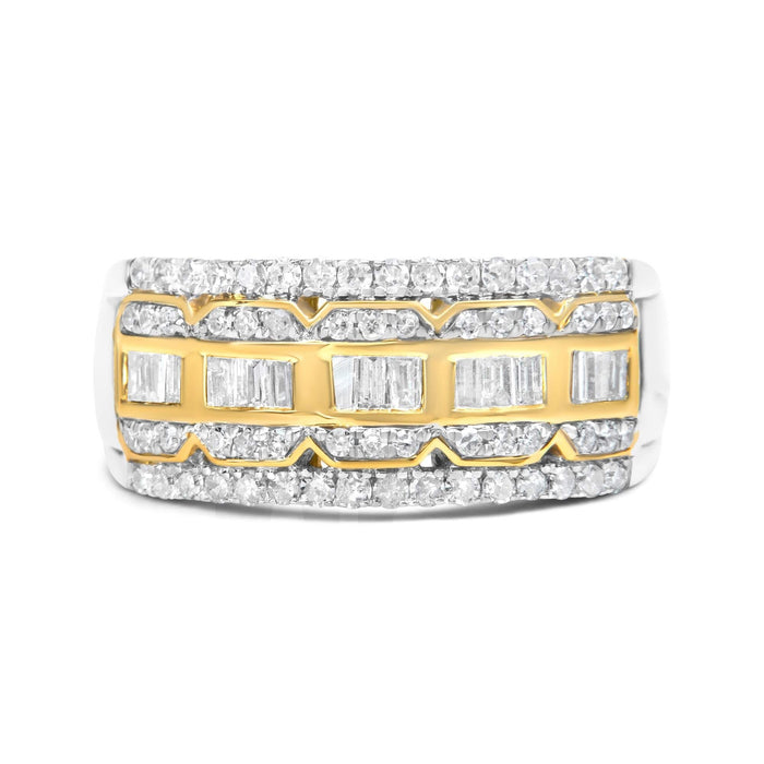 10K White and Yellow Gold 1.00 Cttw Baguette and Round cut Diamond Art Deco Multi-Row Ring Band (I-J Color, I1-I2 Clarity)