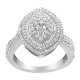 .925 Sterling Silver 1.0 Cttw Round & Baguette-Cut Diamond Marquise-Shaped Cluster Triple Stepped Halo Cocktail Fashion Ring (I-J Color, I2-I3 Clarity)-1 thumbnail 2