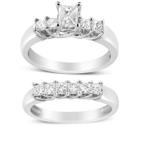 14K White Gold 1 1/2 Cttw 5 Stone Princess Diamond Engagement Wedding Ring Set (H-I Color, SI2-I1 Clarity)