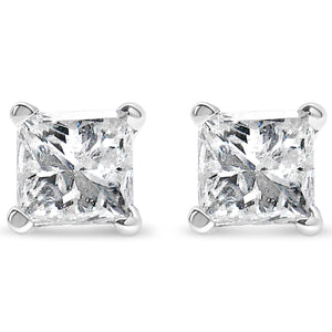 AGS Certified 14k White Gold 1.0 Cttw 4-Prong Set Princess-Cut Solitaire Diamond Push Back Stud Earrings for Women (E-F Color, I1-I2 Clarity)-1
