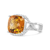 14K White Gold 12mm Cushion Cut Yellow Citrine Gemstone and 1/3 Cttw Round Pave-Set Diamond Ring - (H-I Color, VS1-VS2 Clarity)-1 thumbnail 2