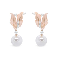 14K Rose Gold 1/6 Cttw Round Diamond and 8mm Round Pearl Floral Drop Stud Earrings (H-I Color, I1-I2 Clarity)