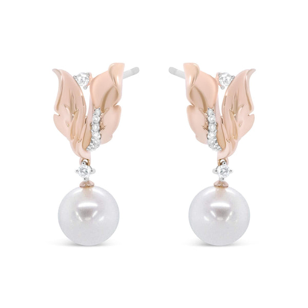 14K Rose Gold 1/6 Cttw Round Diamond and 8mm Round Pearl Floral Drop Stud Earrings (H-I Color, I1-I2 Clarity)