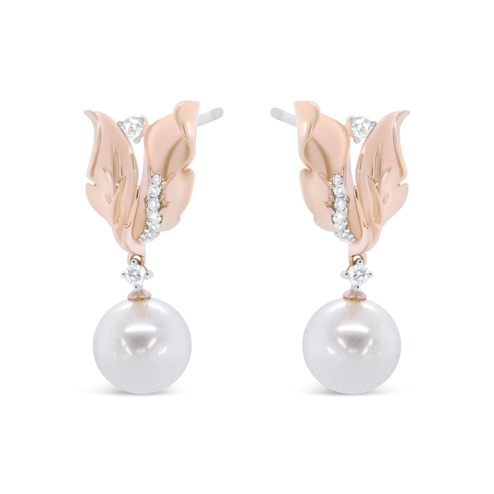 14K Rose Gold 1/6 Cttw Round Diamond and 8mm Round Pearl Floral Drop Stud Earrings (H-I Color, I1-I2 Clarity)