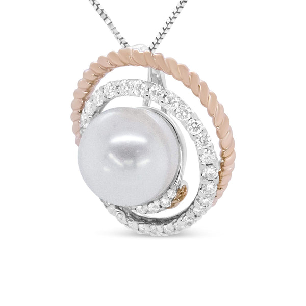 14K Rose and White Gold 3/8 Cttw Pave Diamond and 9mm Round Pearl Spiral Openwork 18