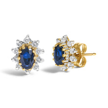14K Yellow Gold 1/4 Cttw Diamond and Blue Sapphire Sunburst Halo Stud Earrings (K-L Color, I1-I2 Clarity)-1