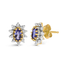 14K Yellow Gold 1/4 Cttw Diamond and Blue Purple Tanzanite Sunburst Halo Stud Earrings (K-L Color, I1-I2 Clarity)-1