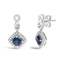 10K White Gold Blue  Sapphire and Diamond Halo Cushion Shaped Drop Earrings (I-J Color, I1-I2 Clarity)-1