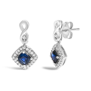 10K White Gold Blue  Sapphire and Diamond Halo Cushion Shaped Drop Earrings (I-J Color, I1-I2 Clarity)-1