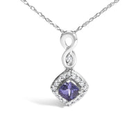 10K White Gold Blue Purple Tanzanite and Diamond Accent Cushion Drop Pendant Necklace - 18