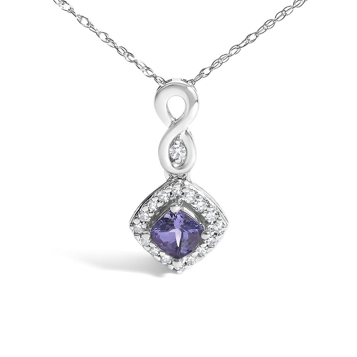 10K White Gold Blue Purple Tanzanite and Diamond Accent Cushion Drop Pendant Necklace - 18