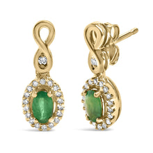 10K Yellow Gold Oval Cut Green Emerald 5x3 mm and 1/7 Cttw Round Diamond Dangle Earrings-1