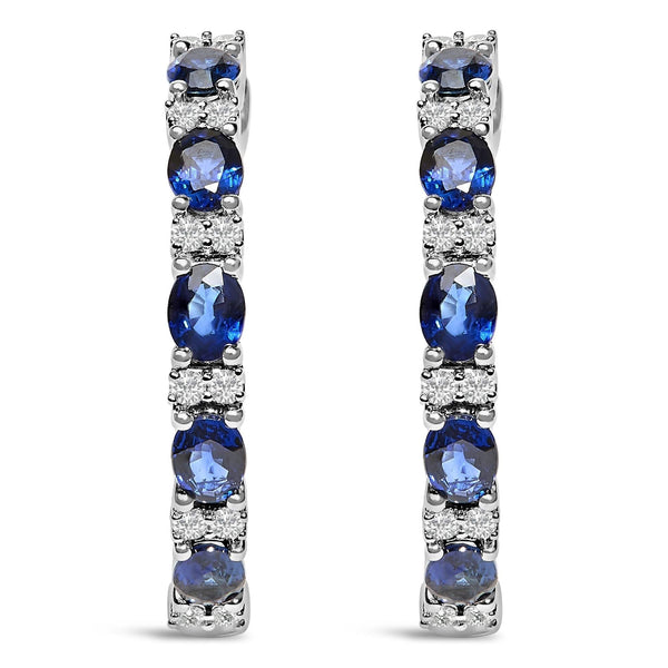 14K White Gold 4x3mm Oval Blue Sapphire and 1/4 Cttw Diamond Alternating Hoop Earring (I-J Color, SI2-I1 Clarity)