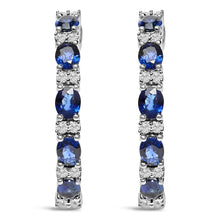 14K White Gold 4x3mm Oval Blue Sapphire and 1/4 Cttw Diamond Alternating Hoop Earring (I-J Color, SI2-I1 Clarity)-1