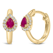 10K Yellow Gold Pear Cut Red Ruby 4x3 mm and 1/10 Cttw Round Diamond Huggy Earrings (I-J Color, I1-I2 Clarity)-1