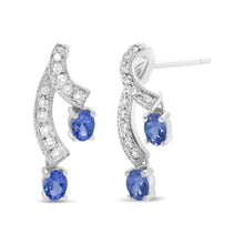 14K White Gold 4x3MM Oval Shaped Natural Blue Tanzanite Gemstone and 1/5 Cttw Diamond Double 3/4" Inch Drop Stud Earrings (H-I Color, VS1-VS2 Clarity)-1
