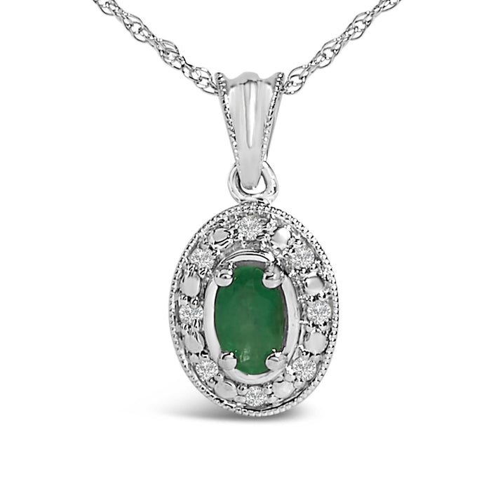 14K White Gold Oval Green Emerald and Diamond Halo Pendant Necklace - 18