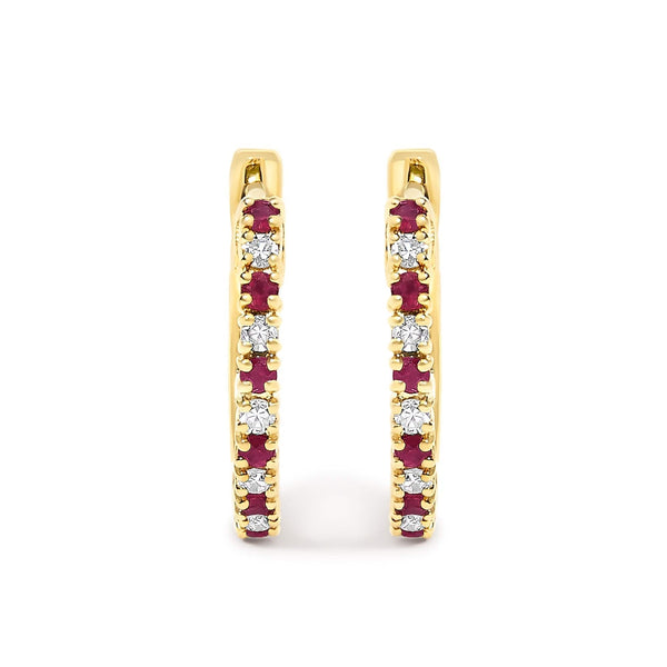 10K Gold Alternating Diamond and Red Ruby Huggy Hoop Earrings