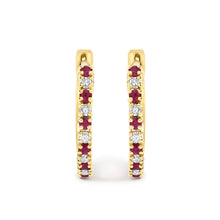 10K Gold Alternating Diamond and Red Ruby Huggy Hoop Earrings-3