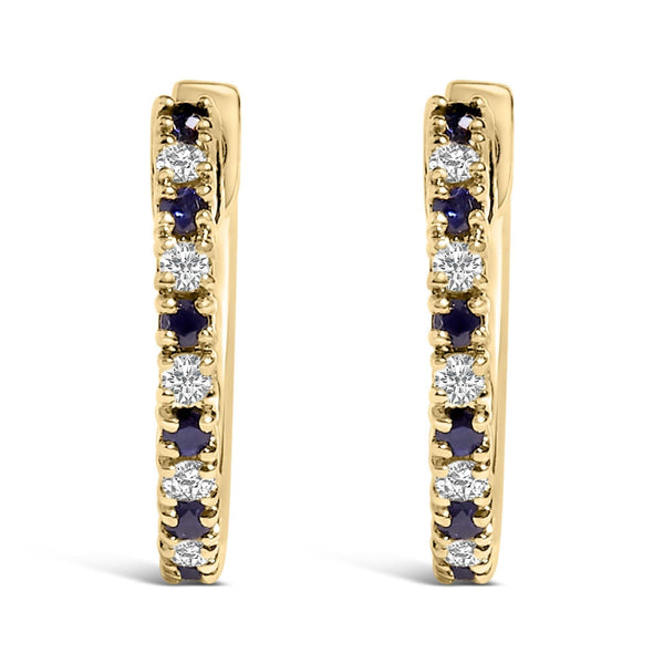 10K Yellow Alternating Blue Sapphire 1/10 Cttw Diamond Huggy Hoop Earrings  (I-J Color, I1-I2 Clarity)