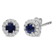 10K White Gold 3.25mm x 3.25mm Round Blue Sapphire and 1/10 Cttw Diamond Halo Stud Earrings (I-J Color, I1-I2 Clarity)-1