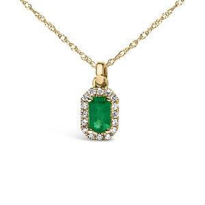 10K Yellow Gold 5x3mm Green Emerald and Diamond Accent Halo Octagonal Shape 18
