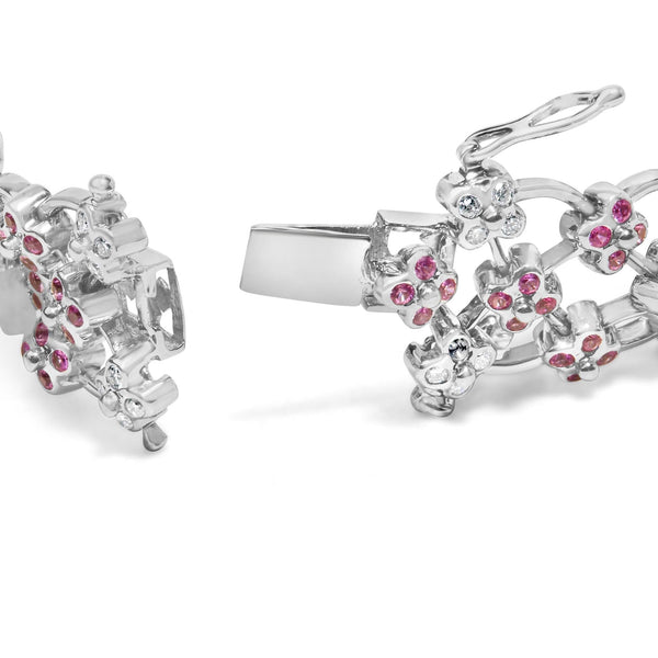14K White Gold Pink Sapphire and Diamond Floral Lattice Link Bracelet - 7.25