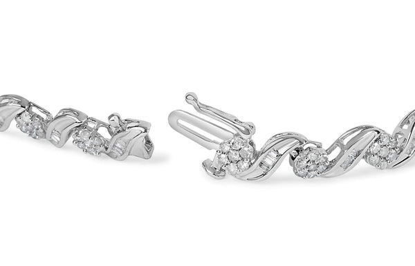 10K White Gold 2.00 Cttw Round-Cut and Baguette-Cut Diamond Floral Design Swirl Link 7