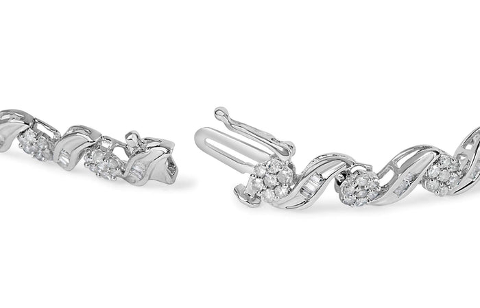 10K White Gold 2.00 Cttw Round-Cut and Baguette-Cut Diamond Floral Design Swirl Link 7