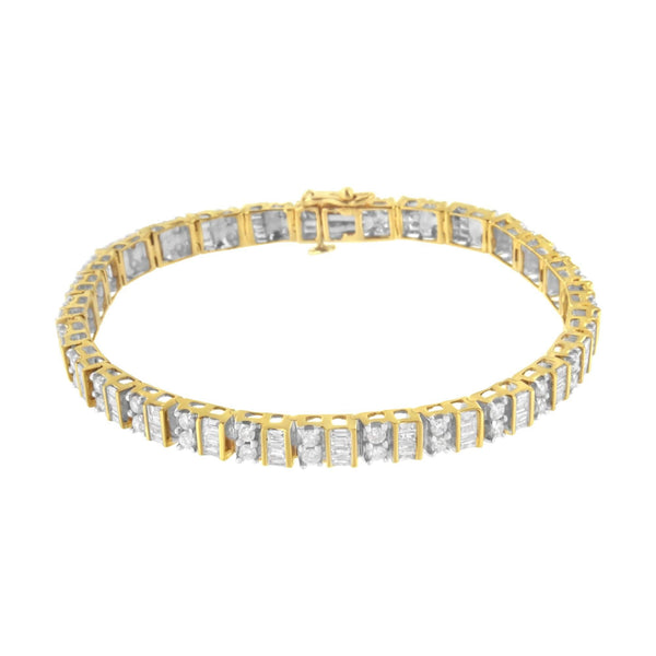10K Yellow Gold 4.0 Cttw Alternating Baguette & Round Cut Diamond Bezel- & Prong-Set 7