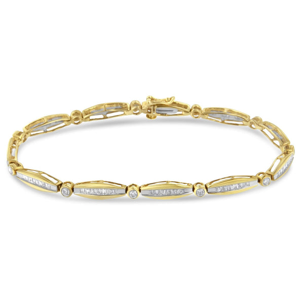 14K Yellow Gold 1-1/2 Cttw Round Brilliant-Cut & Baguette Cut Diamond Bezel and Tapered Link 7