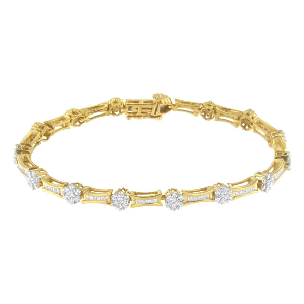 10K Yellow and White Gold 2.00 cttw Round and Baguette-Cut Diamond Link Bracelet (I-J Color, I2-I3 Clarity) - Size 7.25