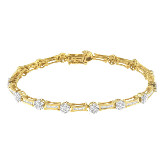 10K Yellow and White Gold 2.00 cttw Round and Baguette-Cut Diamond Link Bracelet (I-J Color, I2-I3 Clarity) - Size 7.25