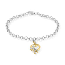10K Yellow Gold 1/10 Cttw Diamond Awareness Ribbon & Heart Charm on 7" .925 Sterling Silver Rolo Bracelet (H-I Color, I1-I2 Clarity)-1