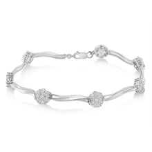 .925 Sterling Silver 1.0 Cttw Diamond Cluster Miracle-Set Station & Twisted Bar 7" Tennis Bracelet (H-I Color, I1-I2 Clarity)-1