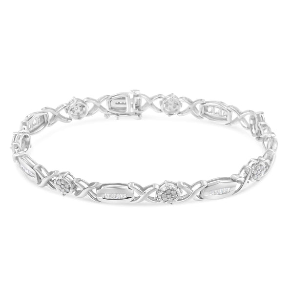 .925 Sterling Silver 1.0 Cttw Round-Cut and Baguette-Cut Diamond X-Link Bracelet (I-J Color, I1-I2 Clarity) - 7