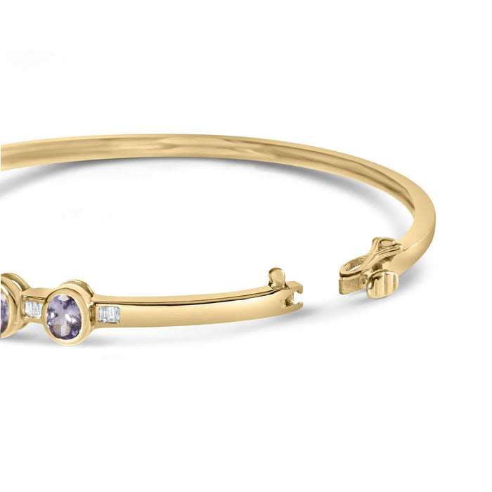 14K Yellow Gold Alternating Bezel Set 5MM Oval Shaped Tanzanite and 1/5 Cttw Diamond Bangle Bracelet (H-I Color, VS2-SI1 Clarity) - Fit's wrists up to 7.25