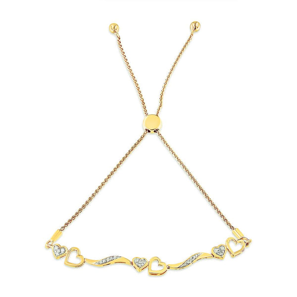 .925 Sterling Silver 1/10 Cttw Diamond Wave and Hearts 4”-10” Adjustable Bolo Bracelet (I-J Color, I3 Clarity)