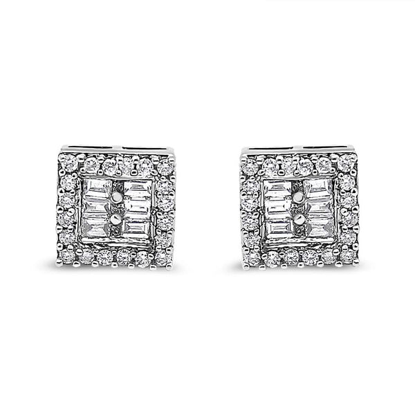 14K White Gold 1 cttw Round and Baguette Diamond Stud Earrings (H-I, SI1-SI2)