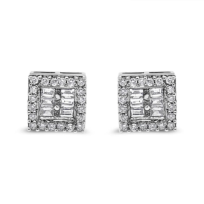 14K White Gold 1 cttw Round and Baguette Diamond Stud Earrings (H-I, SI1-SI2)