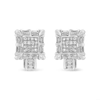 14K White Gold 1.0 Cttw Princess and Baguette-Cut Diamond Square Framed Huggie Hoop Omega Earrings (H-I Color, SI1-SI2 Clarity)