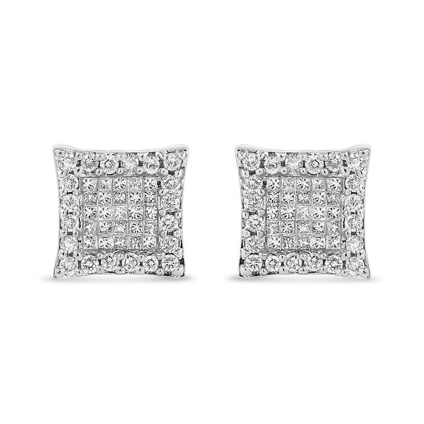 18K White Gold 1.00 Cttw Round and Princess-Cut Diamond Halo Square Stud Earring (G-H Color, SI1-SI2 Clarity)