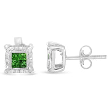Sterling Silver Color Treated Princess Diamond Quad Stud Earring (1/2 cttw, Green Color, I1-I2 Clarity)-1
