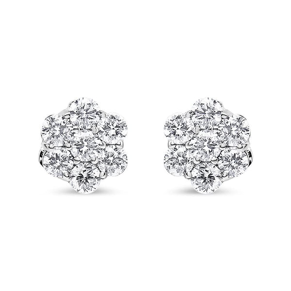 14K White Gold 7 Stone Floral Cluster Round Brilliant Cut Diamond Stud Earrings with Screw Backs(I-J, SI2-I1)