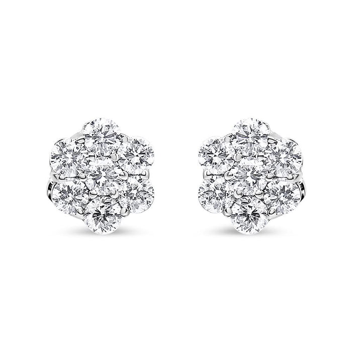 14K White Gold 7 Stone Floral Cluster Round Brilliant Cut Diamond Stud Earrings with Screw Backs(I-J, SI2-I1)