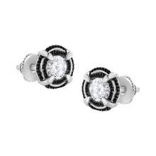 Black Rhodium Plated .925 Sterling Silver Round Diamond Double Halo 4-Prong Solitaire Milgrain Stud Earrings-3